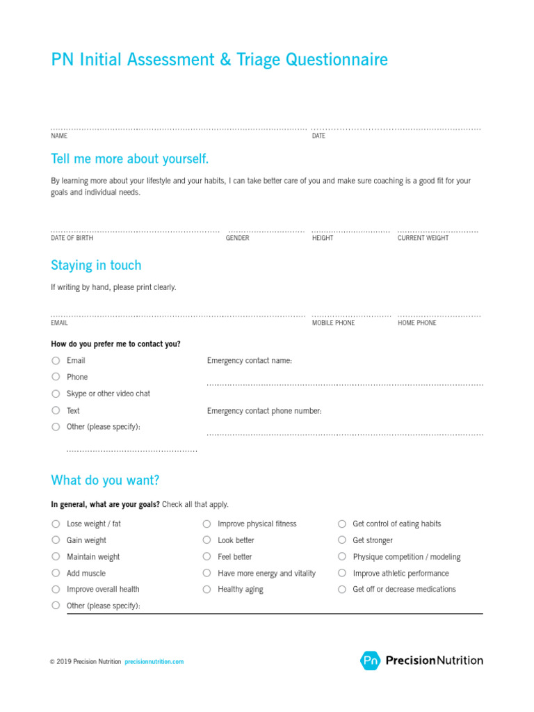 PN Initial Assessment Questionnaire | PDF | Physical Fitness | Stress ...