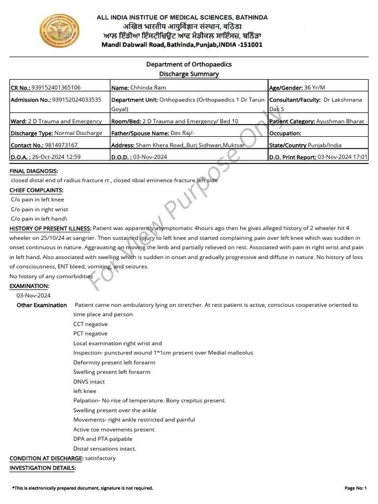 Orthopaedic Discharge Summary 2024 | PDF | Blood Cell | Knee