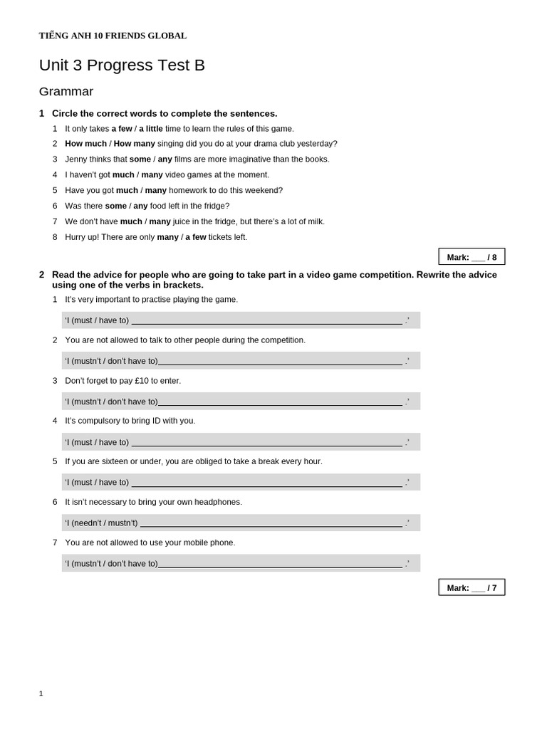 U3 Progress Test B Pdf Games Activities Language Arts Discipline