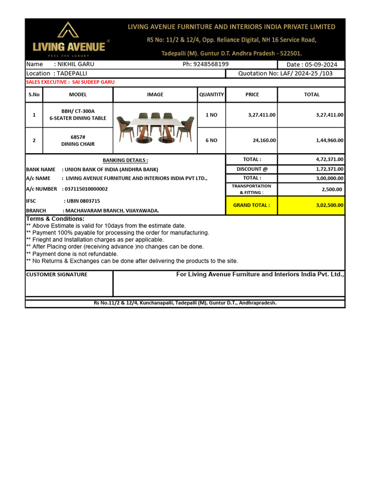 Dining Table and Chair Quotation 2024 | PDF