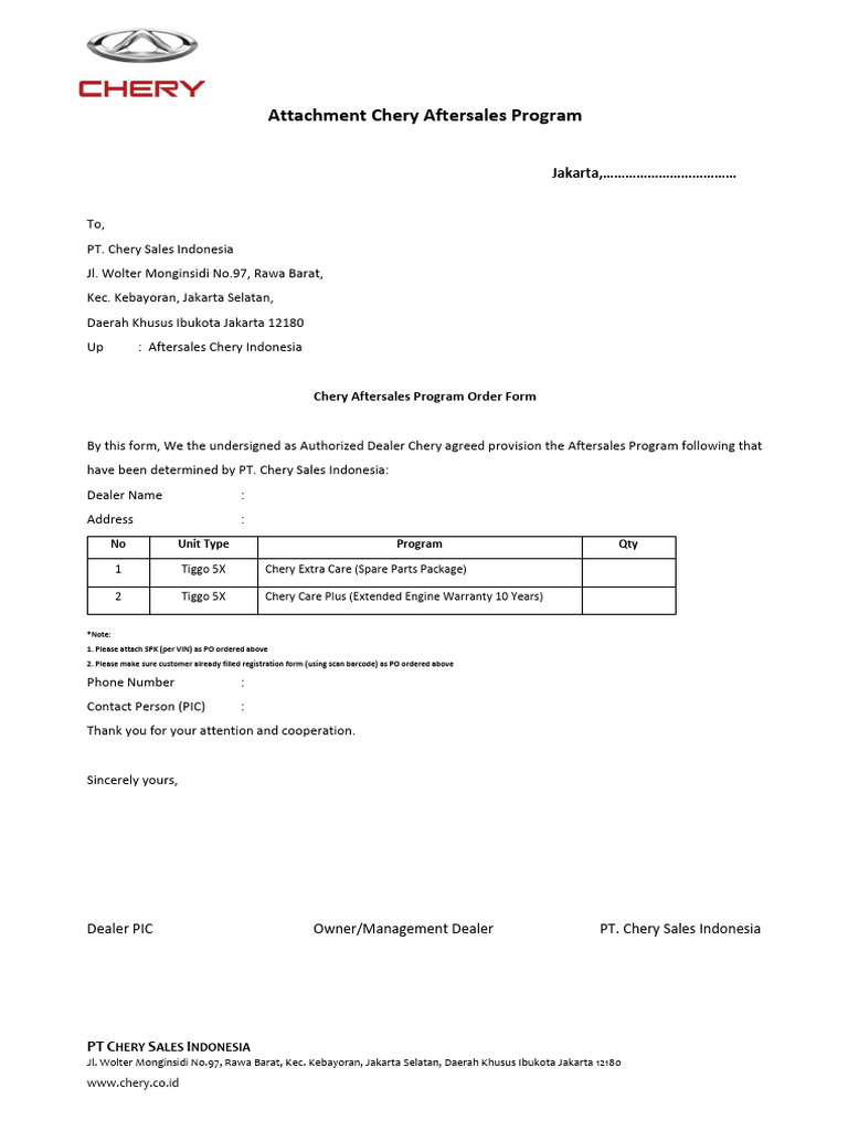 Chery Extra Care & Chery Care Plus Expansion Program PO Form | PDF ...