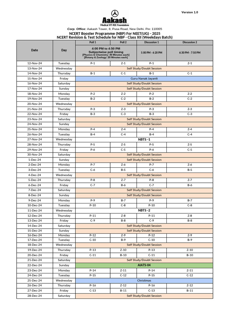 NBP Planners For Branches (Weekdays) - NEET-2025 | PDF | Workweek And ...