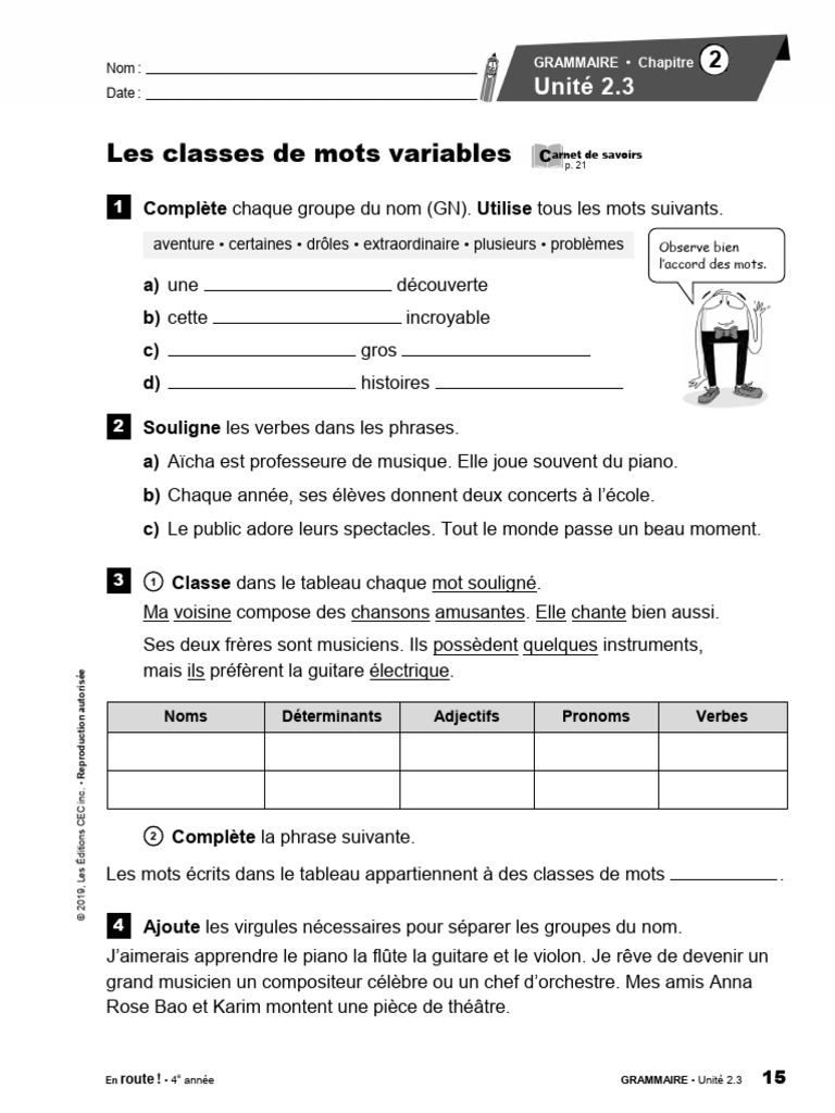 Classes de mots en grammaire 4e année | PDF