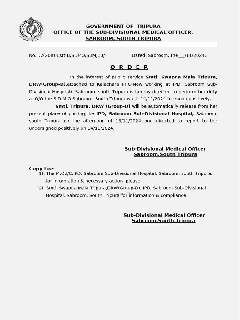 Tripura Medical Officer Deployment Orders | PDF