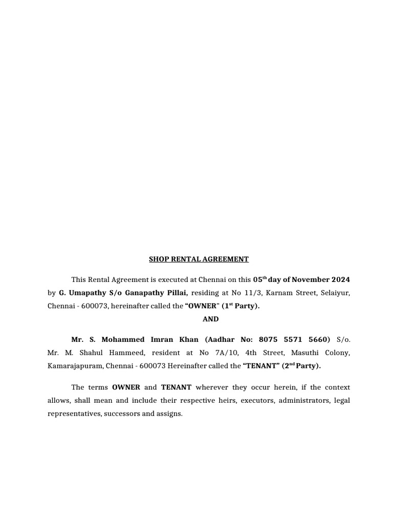 Chennai Shop Rental Agreement 2024 | PDF | Lease | Renting