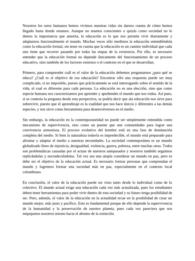 El Valor de la Educación en la Sociedad Actual | PDF | Aprendizaje ...