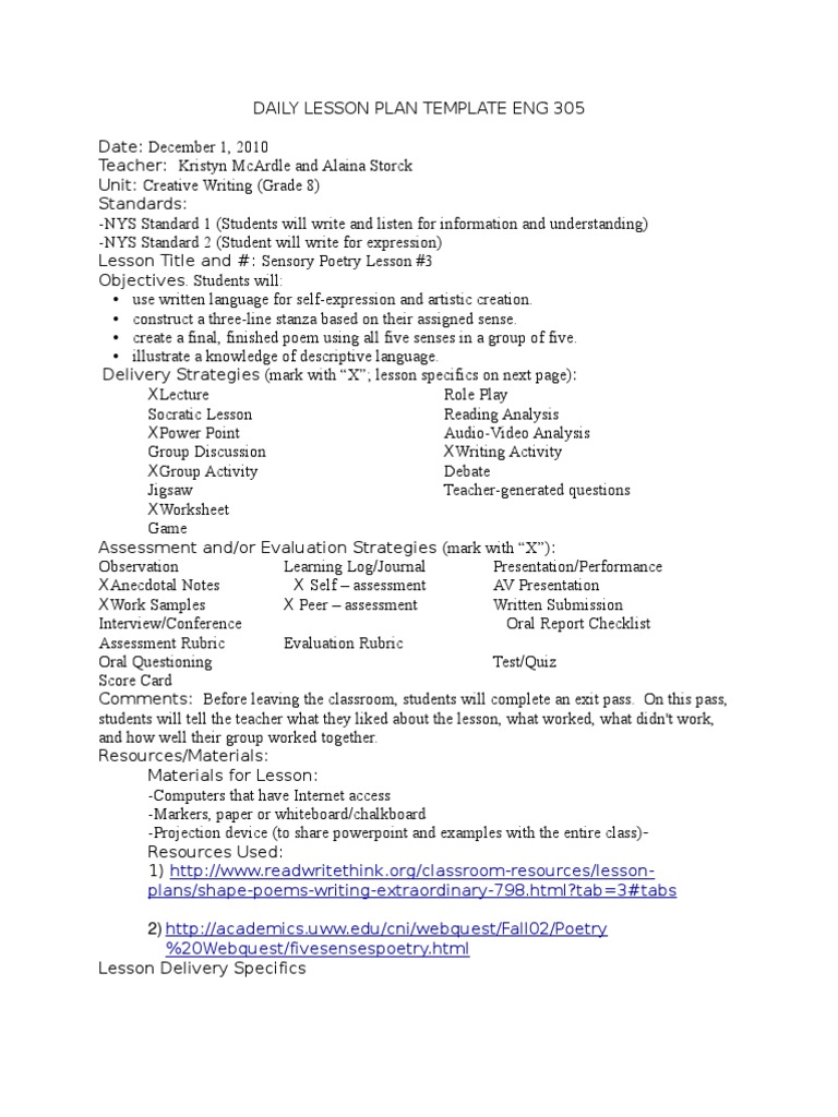 Creative Writing Lesson Plan | Educational Assessment | Lesson Plan ...