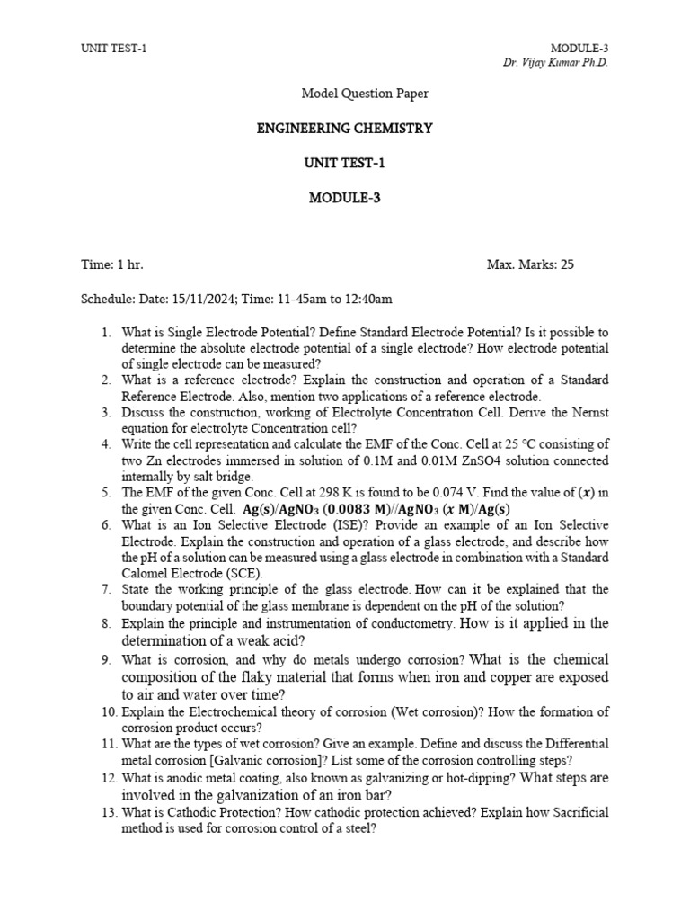 Engineering Chemistry Unit Test 1 Guide | PDF | Corrosion | Ph