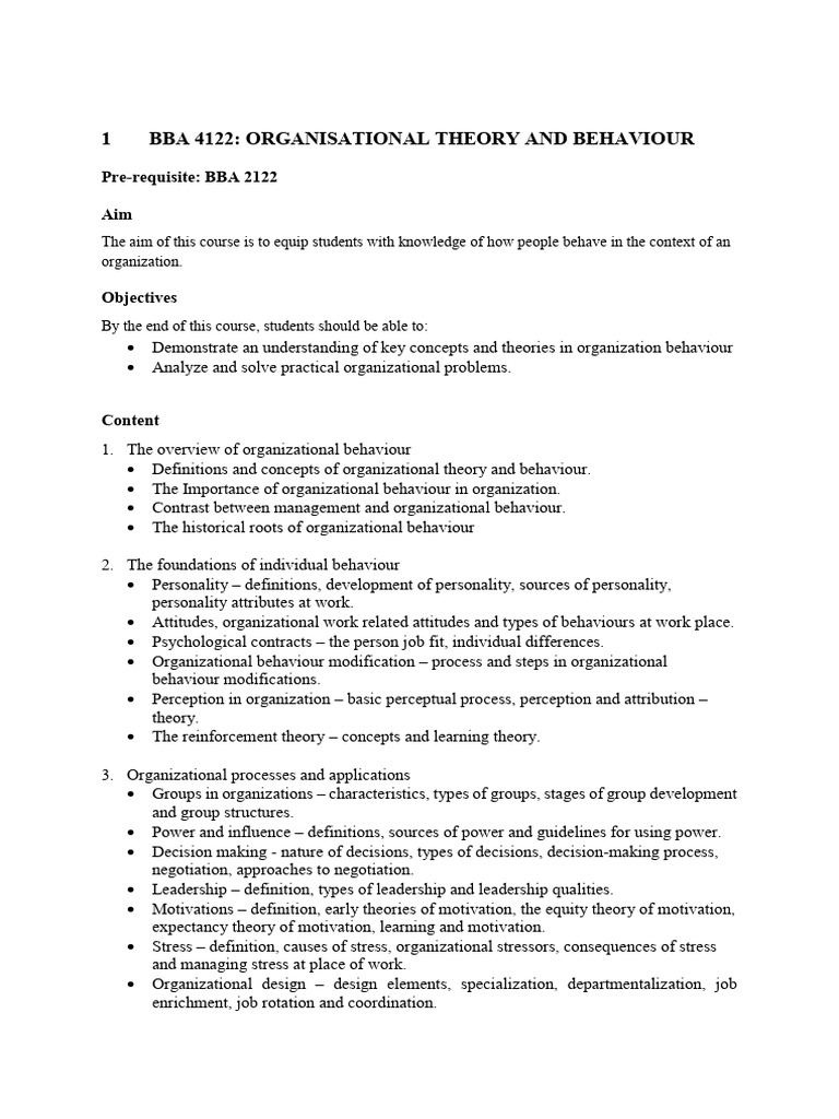 Bba 4122 Course Outline | PDF | Organizational Behavior | Behavior