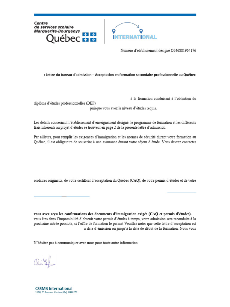 Lettre d'admission DEP au Québec | PDF
