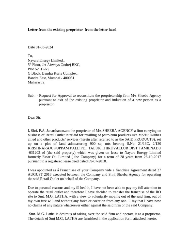 Picture of Letter From Existing Proprietor | PDF | Consent | Law Of Obligations