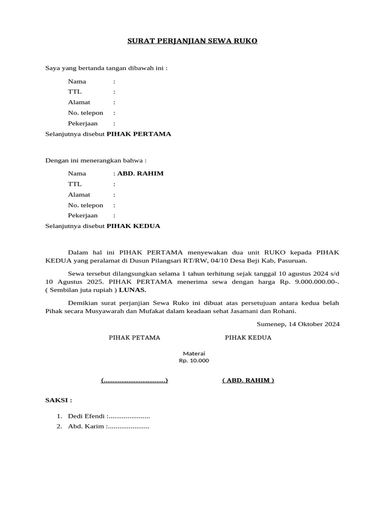 Surat Perjanjian Sewa Ruko | PDF