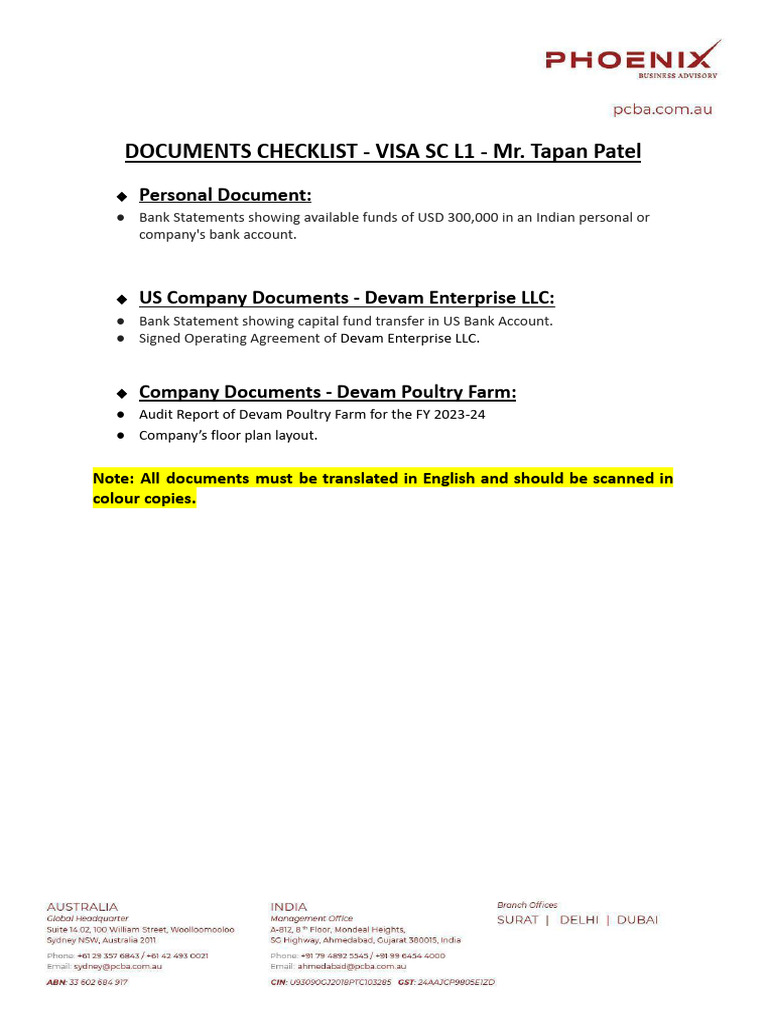 Visa SC L1 Document Checklist | PDF | Law