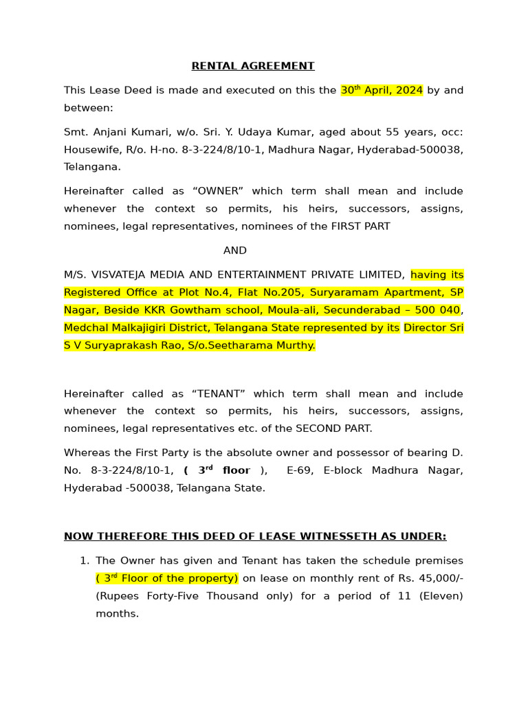 Rental Agreement - Visvateja-Draft Ver 1 | PDF | Lease | Leasehold Estate