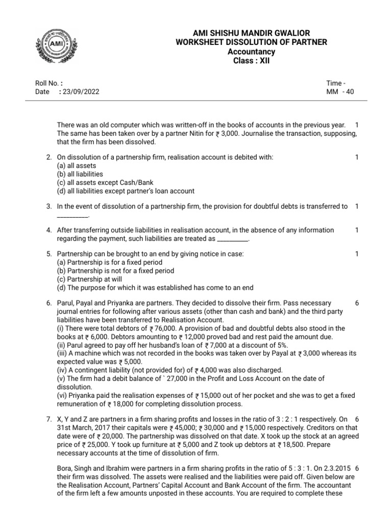 Dissolution of Partnership Worksheet | PDF | Book Value | Expense