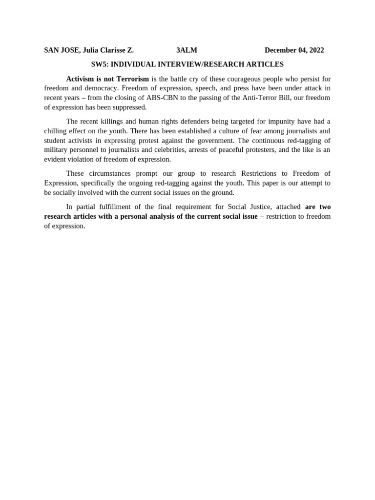 SW5 - Individual Interview Research Articles (SAN JOSE) | PDF ...