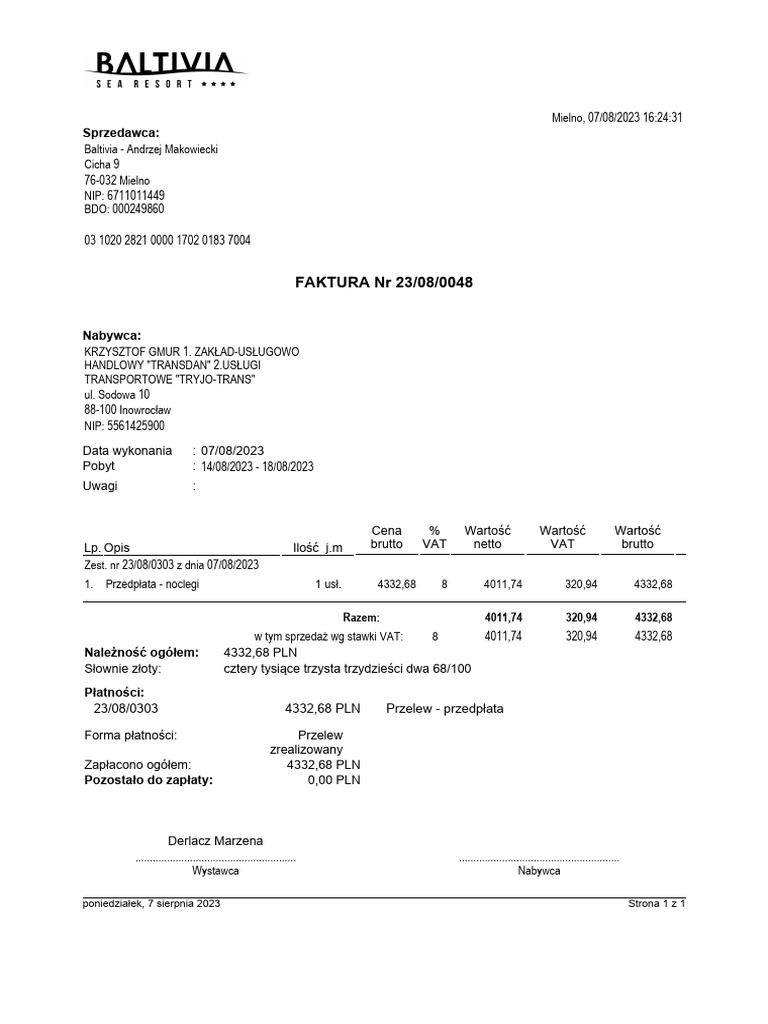 Faktura VAT 23 - 08 - 0048 | PDF