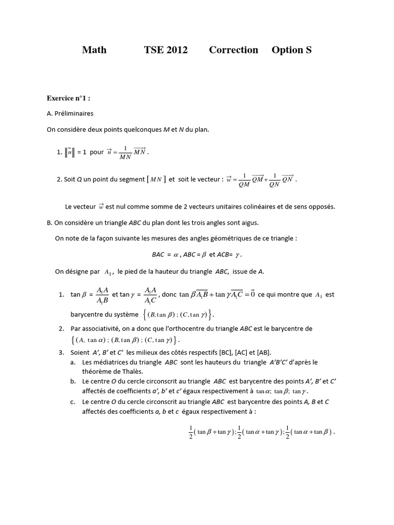Correction TSE 2012 Mathématiques Option S | PDF | Triangle | Géométrie ...