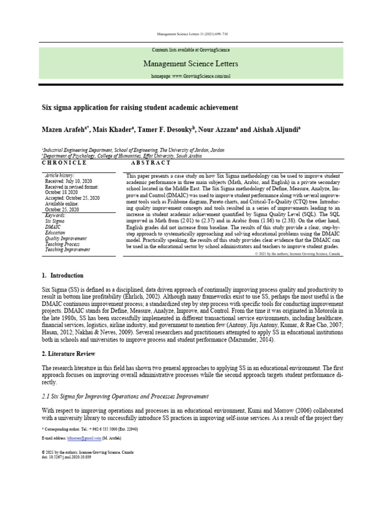 Six Sigma for Student Achievement Improvement | PDF | Teachers | Homework