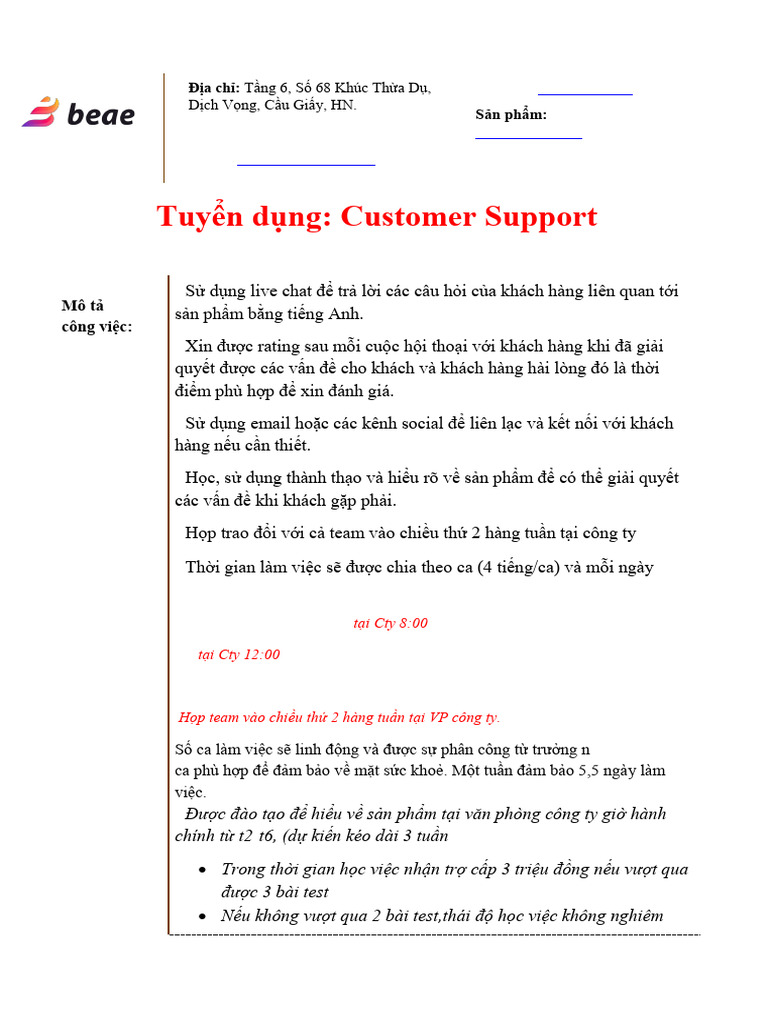 JD Tuyển Customer Support Beae | PDF