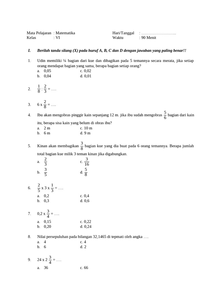 Soal Matematika Kelas VI: Rasio dan Perbandingan | PDF