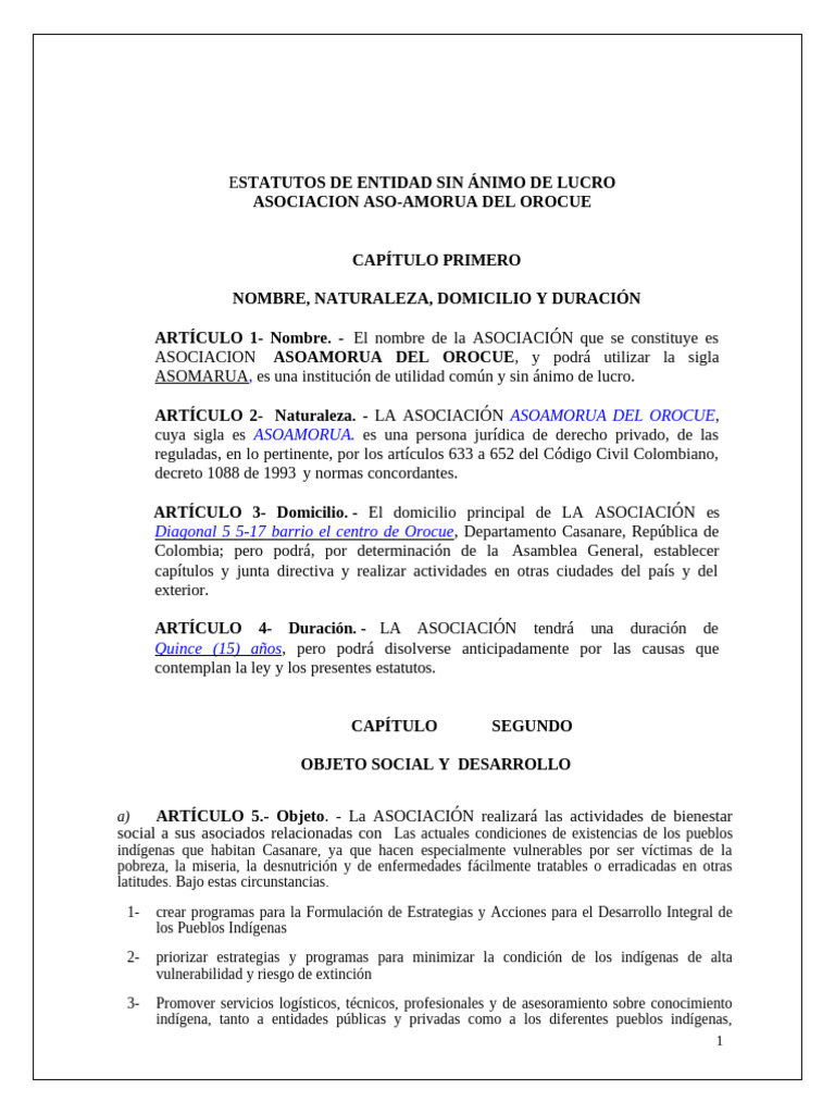 Estatutos Asociación ASOAMORUA Orocue | PDF | Quórum | Liquidación