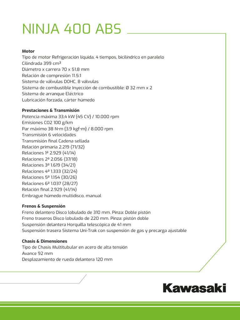 Especificaciones del Motor Ninja 400 ABS | PDF