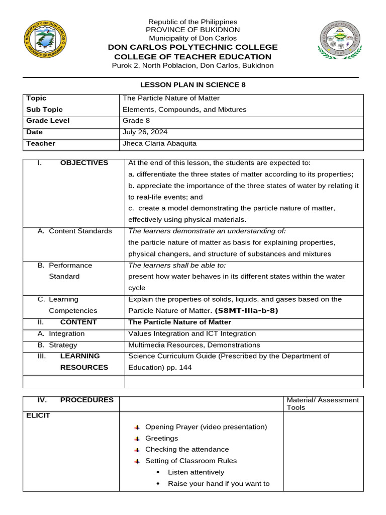7es Lesson Plan - JCAbaquita Matter | PDF | Gases | Matter