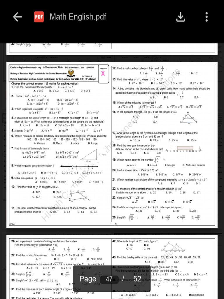 Ninth Grade Math Exam 2024-2023 | PDF | Geometry | Euclidean Plane Geometry