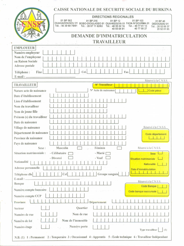 CNSS Fiche de Demande Immatriculation Travailleur | PDF