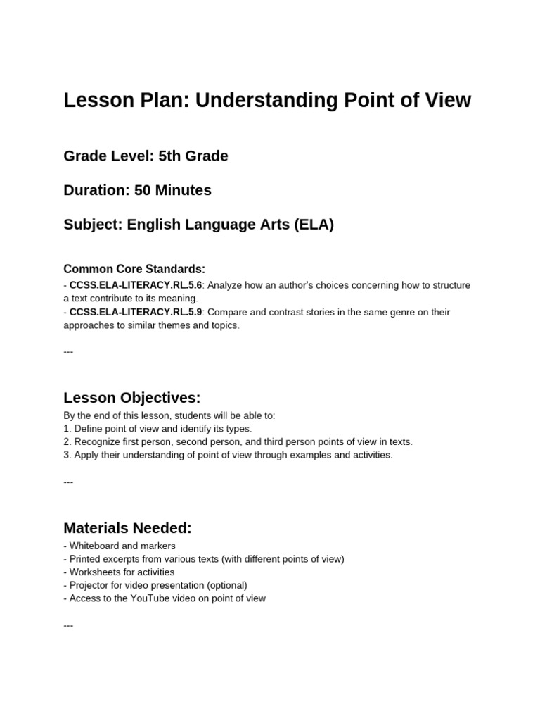 Grade 5 Lesson Plan in Point of View | PDF | Narration | Lesson Plan, image size:768x1024