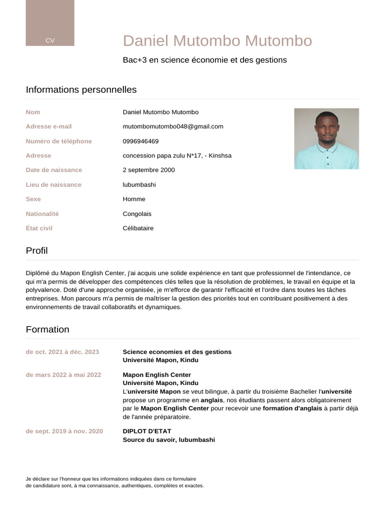 CV de Daniel Mutombo Mutombo | PDF