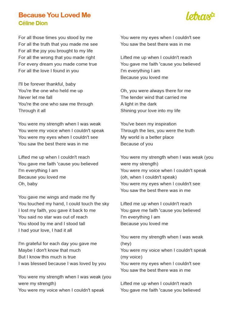 "Because You Loved Me - Lyrics Analysis" | PDF