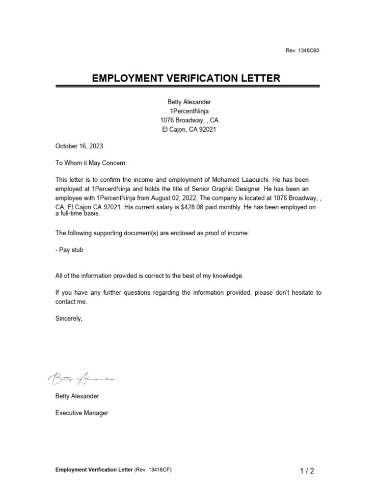 Employment Verification Letter and Paystub | PDF