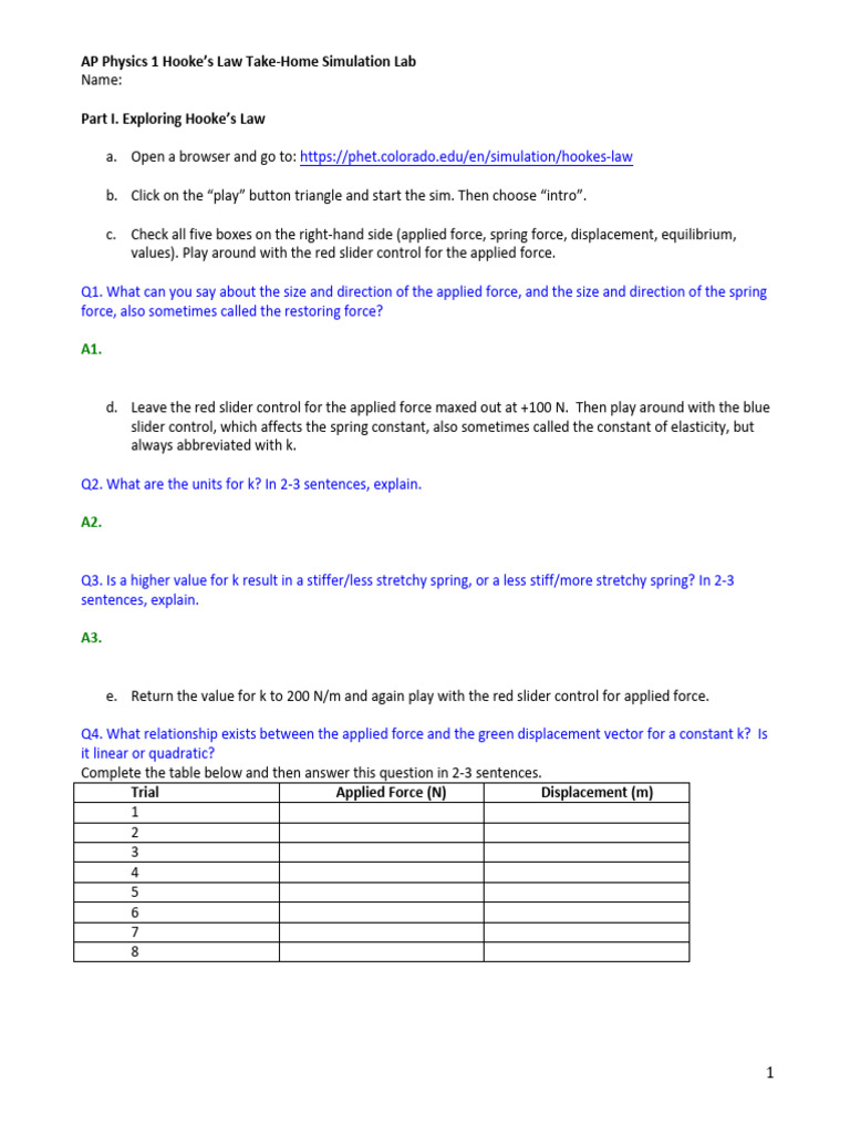AP1 LAB PhET Hookes Law | PDF | Force | Elasticity (Physics)