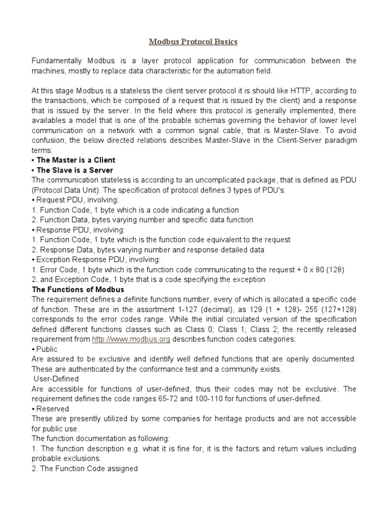 Modbus Protocol Basics | PDF | Communications Protocols | Client–Server ...