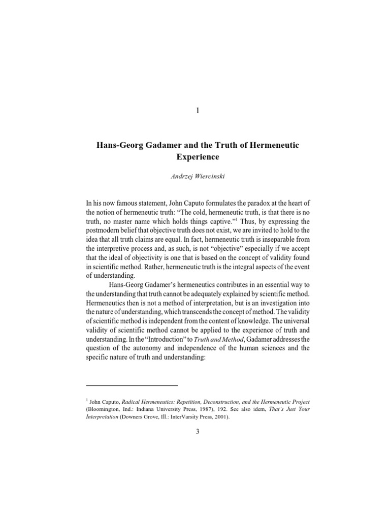 Gadamer and The Truth of Hermeneutic | PDF | Hermeneutics | Truth