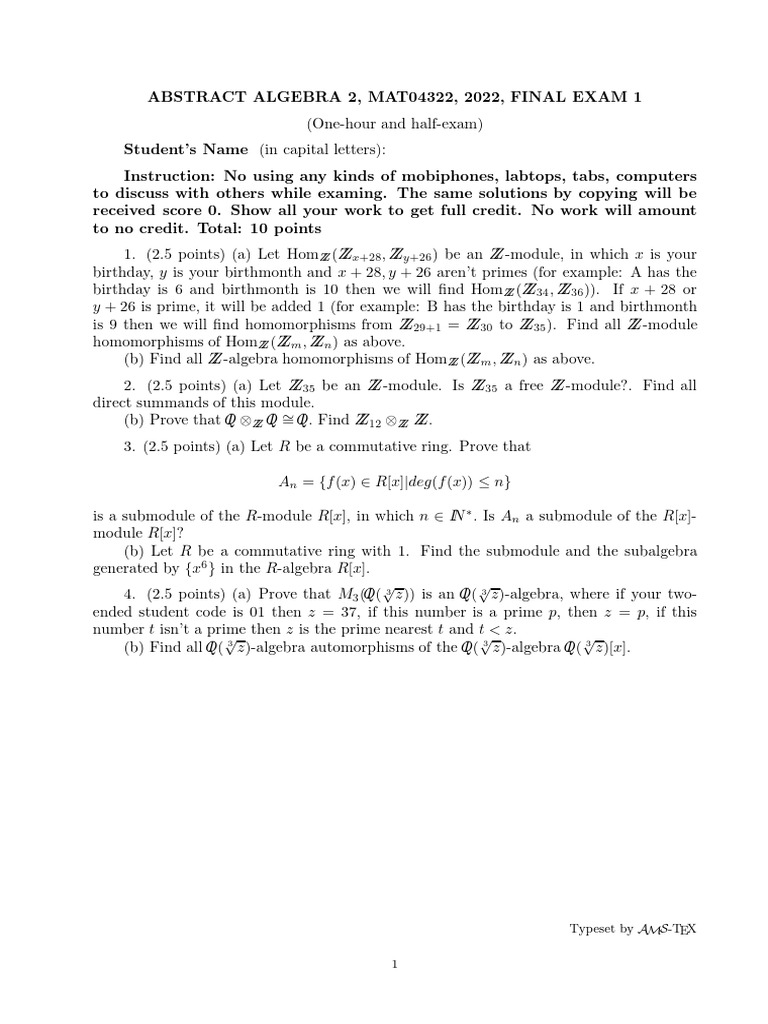 Abstract Algebra Final Exam 2022 | PDF