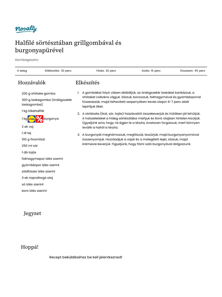 Halfilé Sörtésztában Grillgombával És Burgonyapürével - Nosalty | PDF