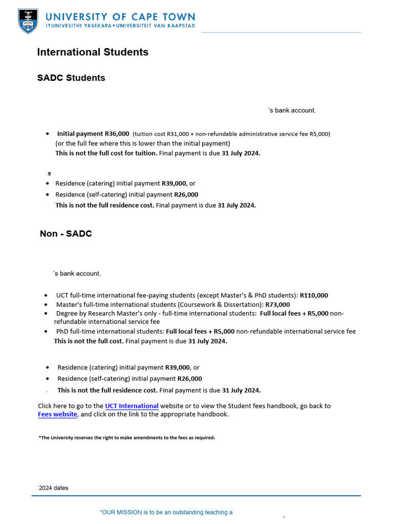 UCT International Fees 2024 Overview | PDF | Fee | Payments