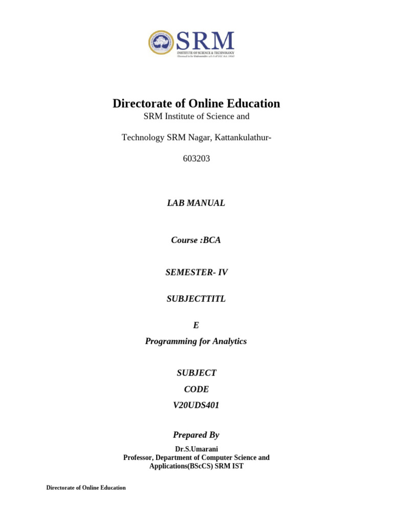 Lab Manual - V20UDS401 Programming For Analytics | PDF | Computer ...