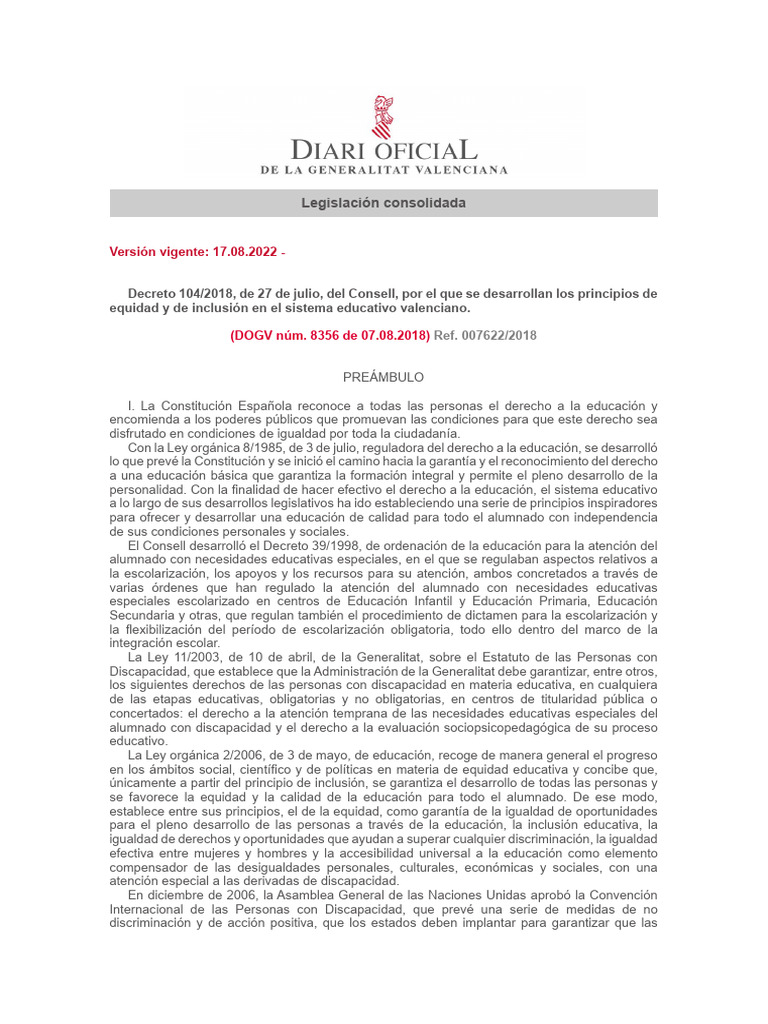 Decreto 104/2018: Inclusión Educativa GVA | PDF | Inclusión (Educación ...