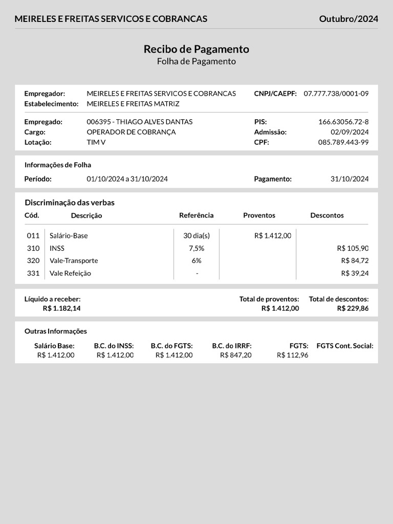 Contracheque Folha de Pagamento Outubro 2024 | PDF