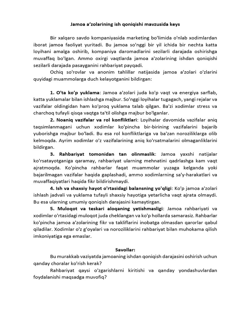 Jamoa A Zolarining Ish Qoniqishi Keys ZARNIGOR | PDF
