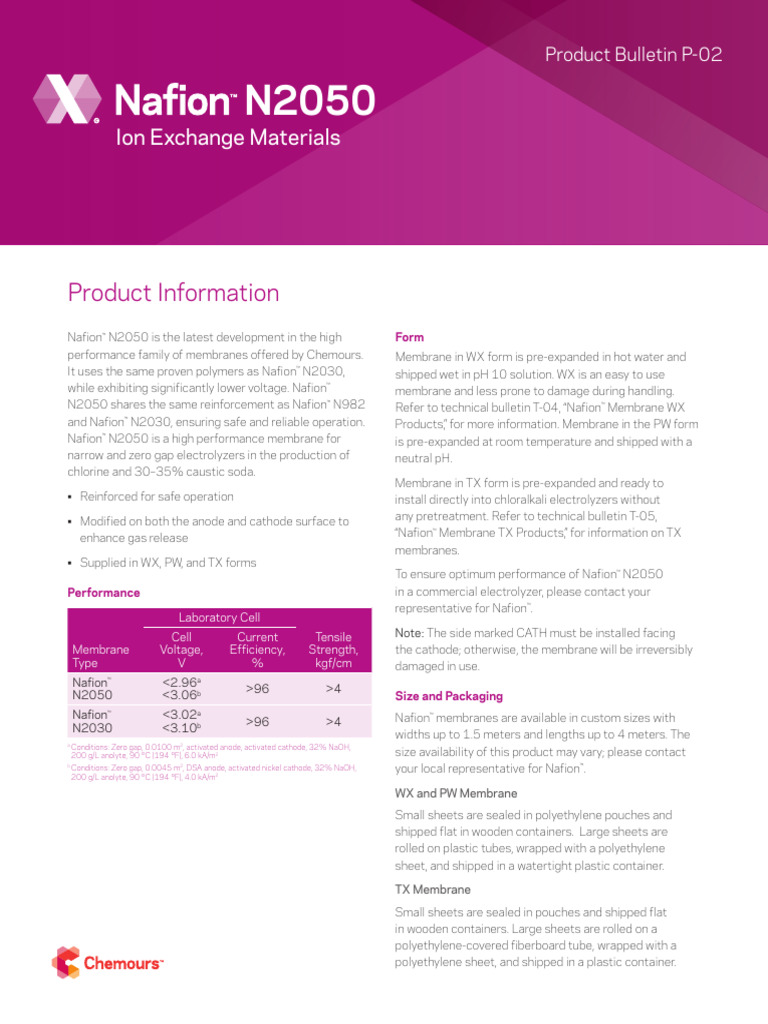 Nafion™ N2050 Membrane Overview | PDF | Electricity | Electrochemistry