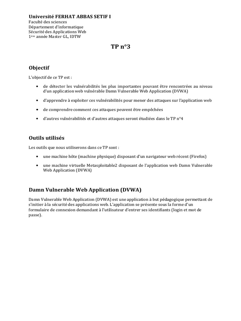 TP Sécurité des Applications Web DVWA | PDF | JavaScript | Informatique