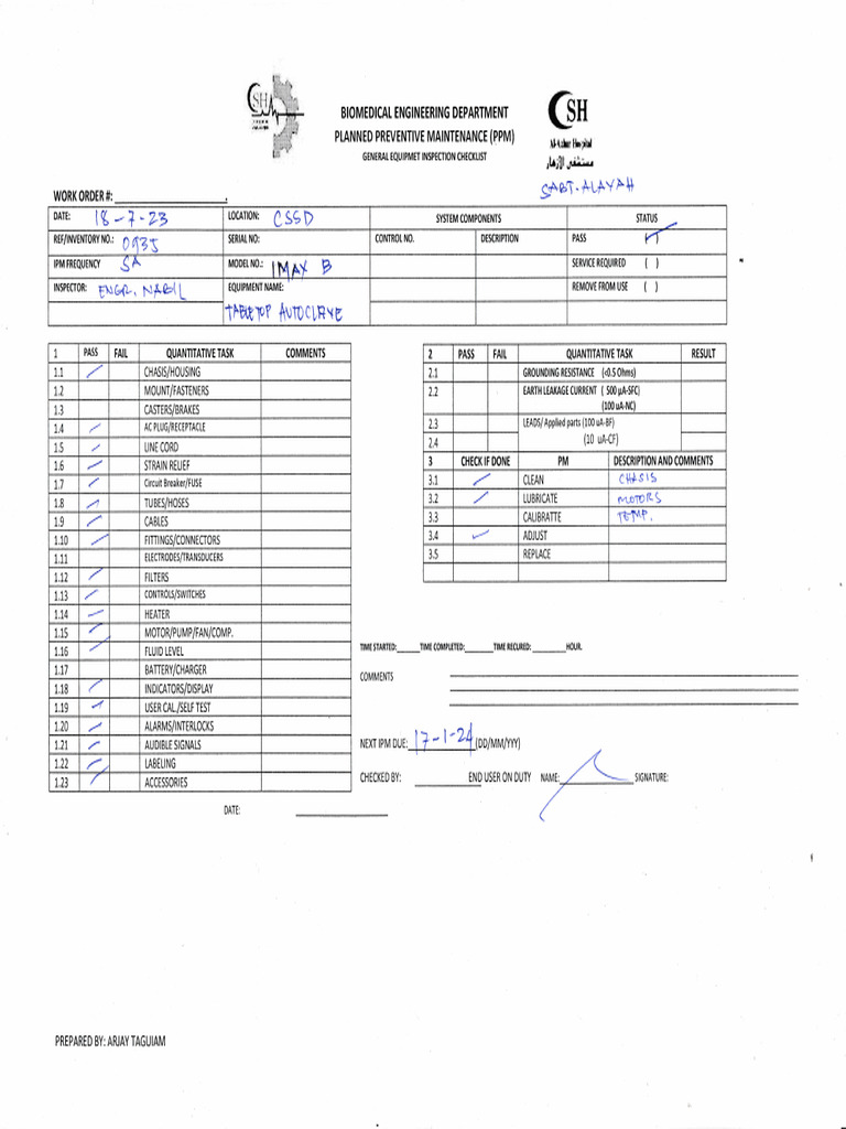 Biomedical Equipment Maintenance Checklist | PDF | Electronics ...