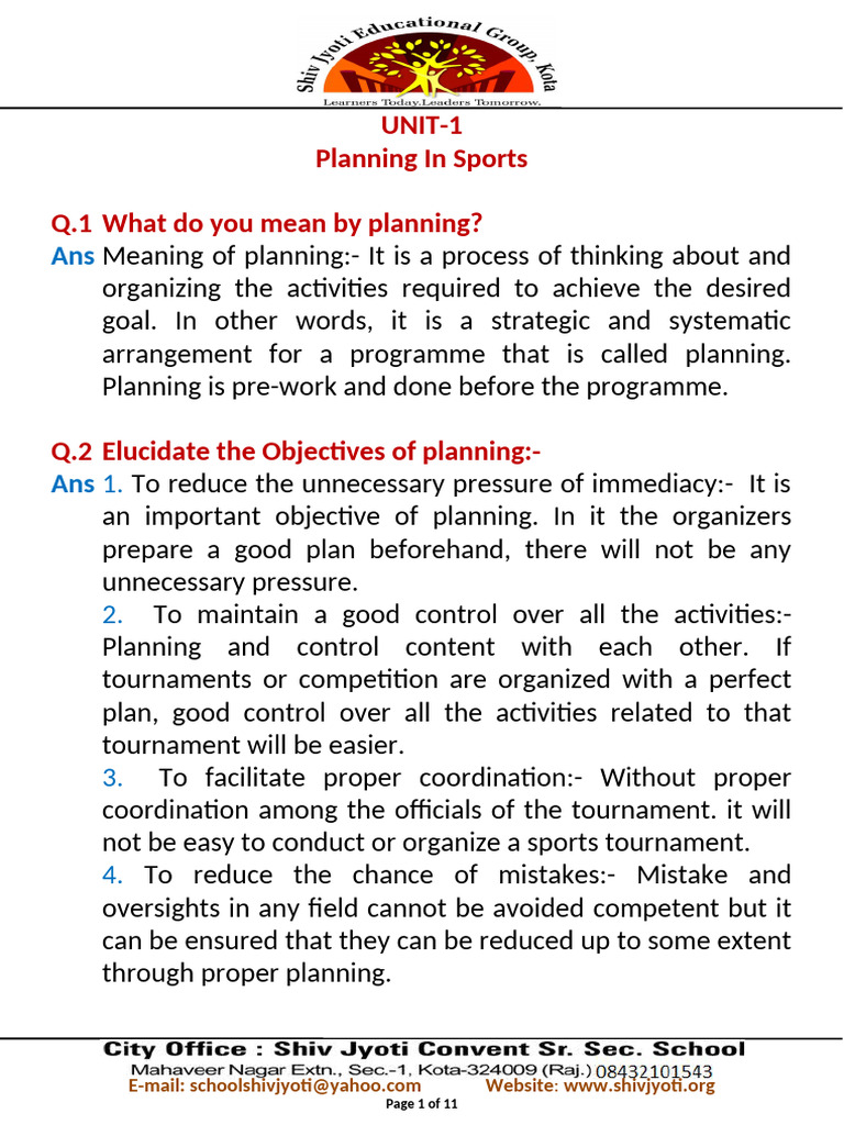 Planning in Sports: Objectives & Importance | PDF | Tournament | Sports