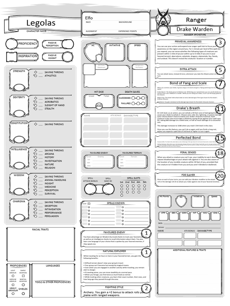 Drake Warden Ranger Character Sheet | PDF | Role Playing Games