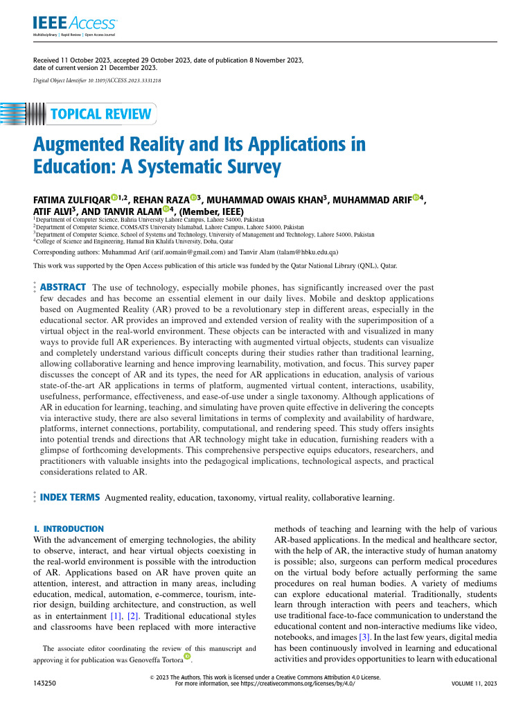Augmented Reality and Its Applications in Education A Systematic Survey ...
